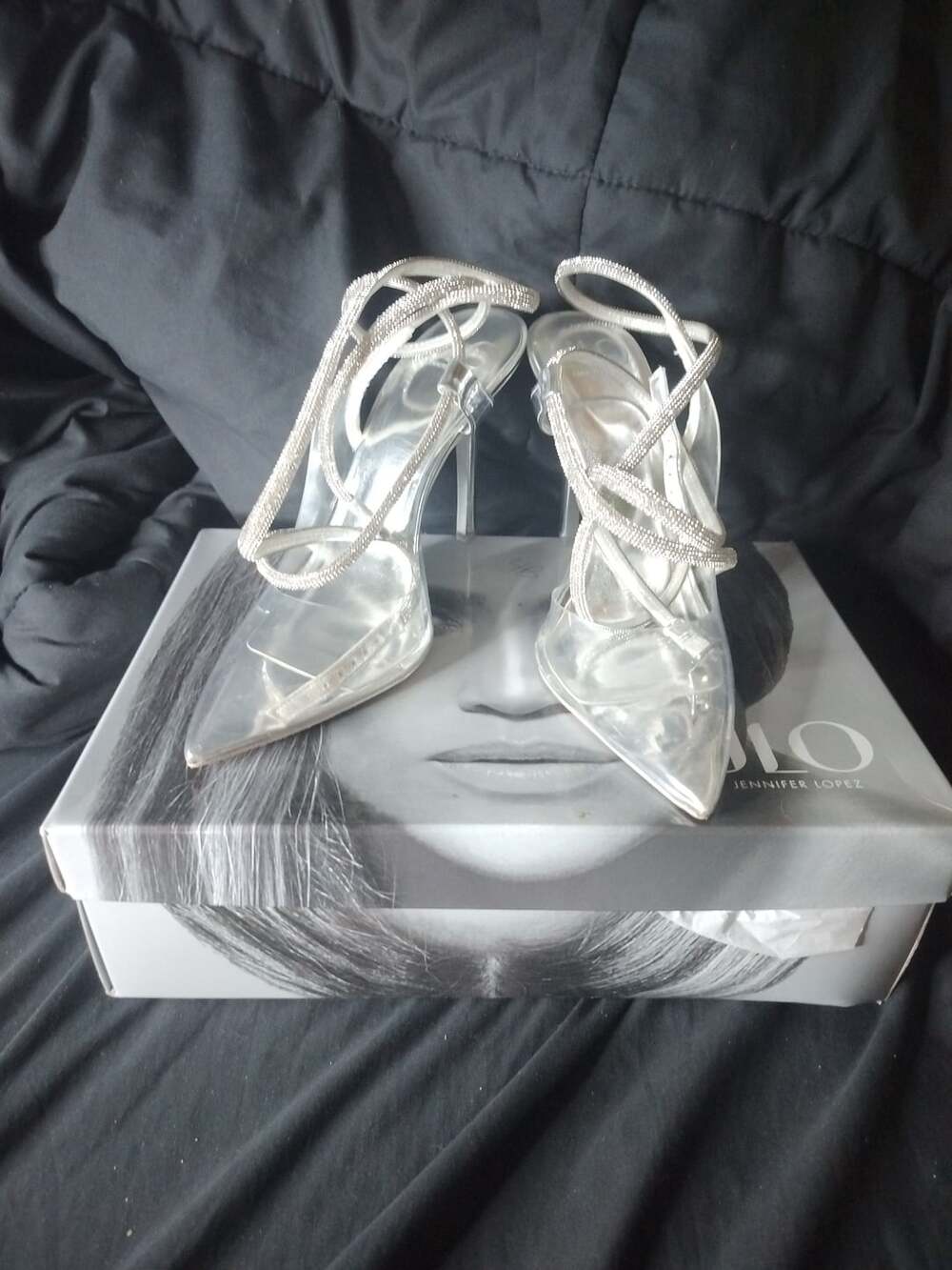 JLo Jennifer Lopez Paz Clear Silver Rhinestone Strappy Stiletto Heels Size 9.5 R